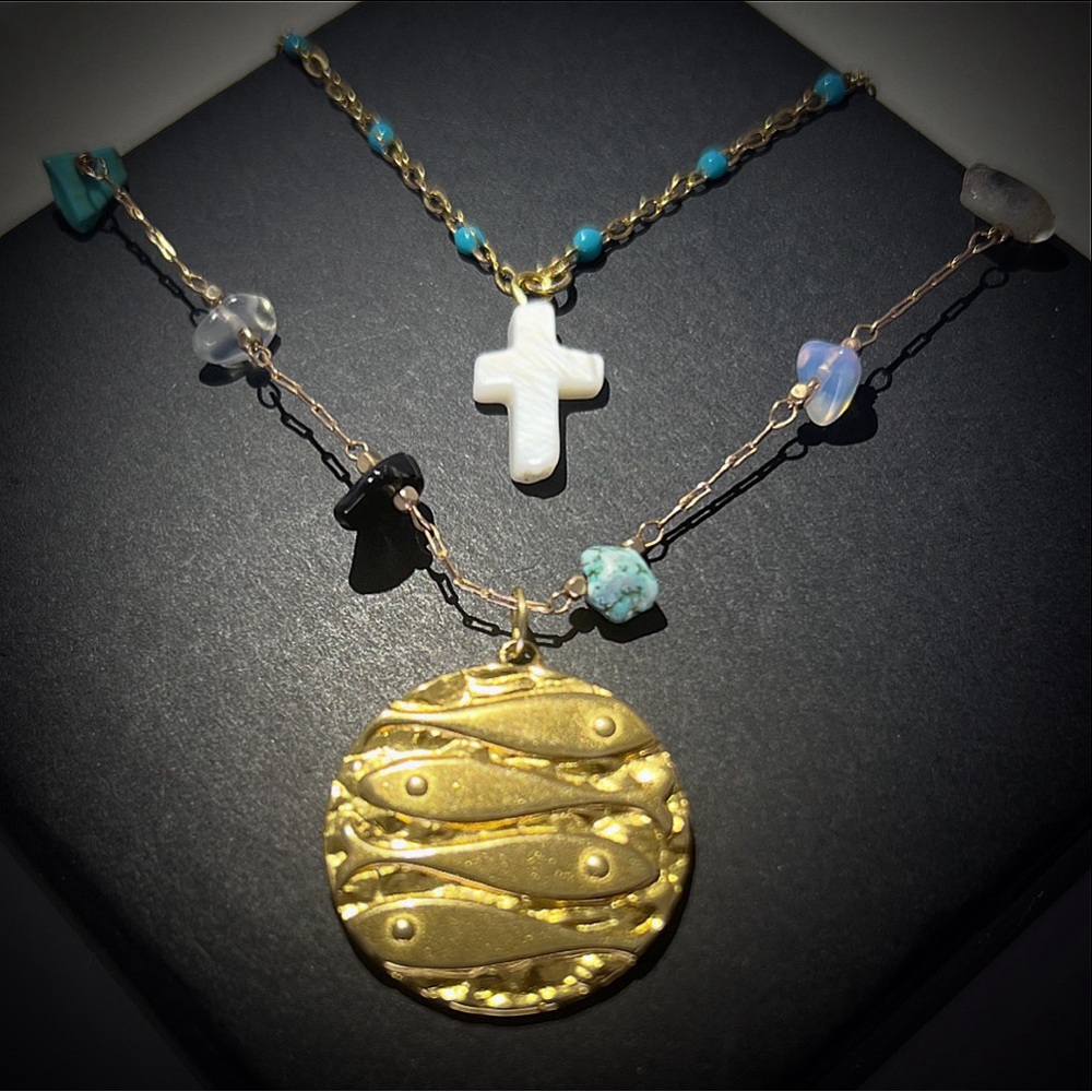 Spring/Summer 26’ Fish Medallion Natural Stone Shell Cross Blue Enamel 2 Chains - Picture 3 of 3